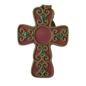 Terra Cotta Cross Round Edge Green Glaze Wall Hanging Rustic Old World 7 Inches